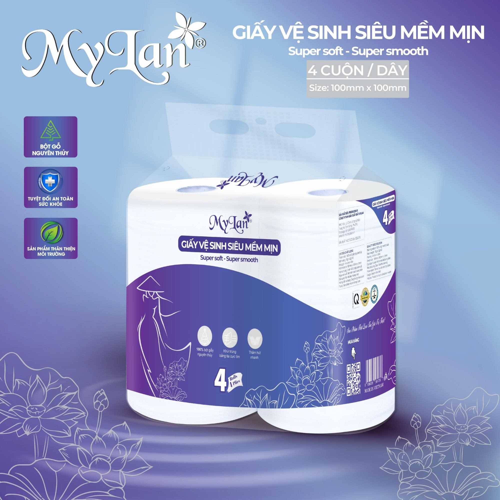 Giấy vệ sinh siêu mềm mịn Mylan có lõi 4 cuộn/lốc