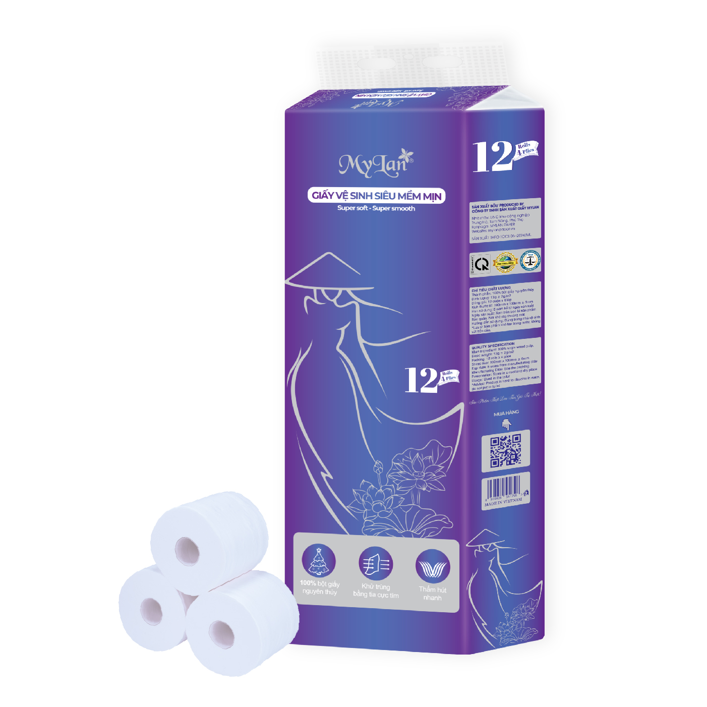 Giấy vệ sinh siêu mềm mịn Mylan có lõi 12 cuộn/lốc