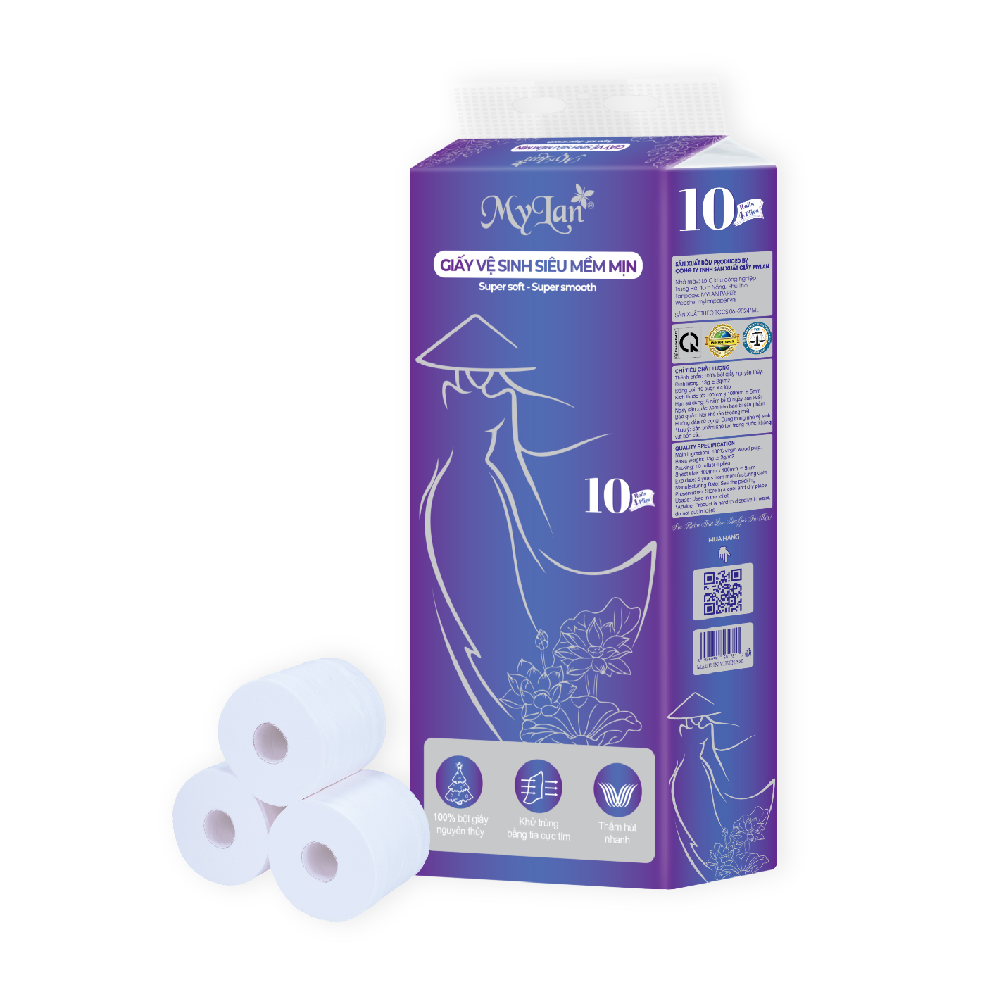 Giấy vệ sinh siêu mềm mịn Mylan có lõi 10 cuộn/lốc