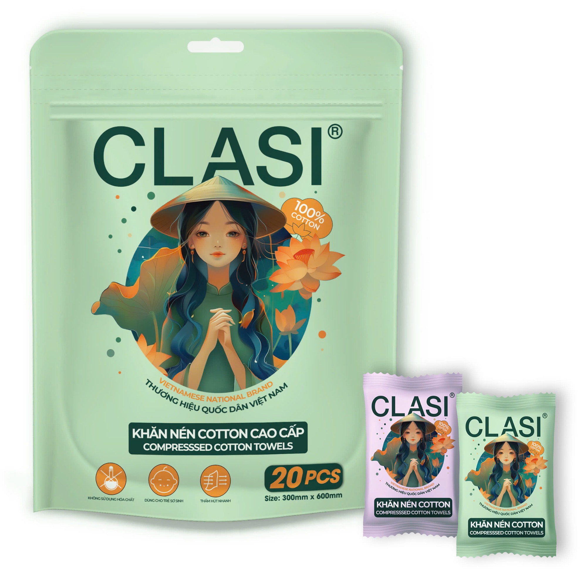 Khăn nén cao cấp CLASI 30cmx60cm, 20 cái/túi