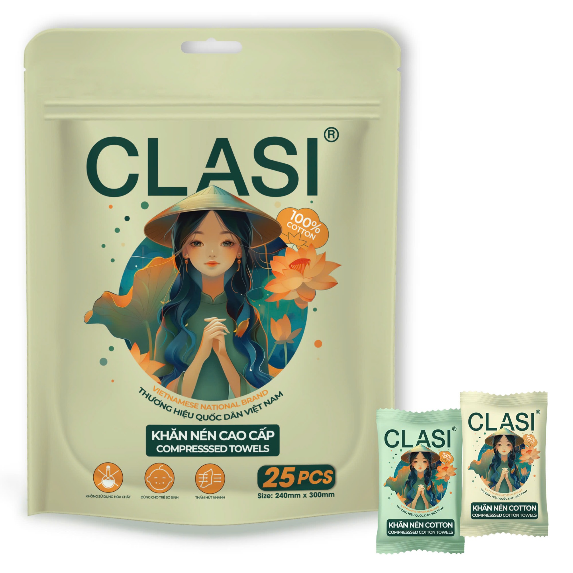 Khăn nén cao cấp CLASI  24cmx30cm, 25 cái/túi
