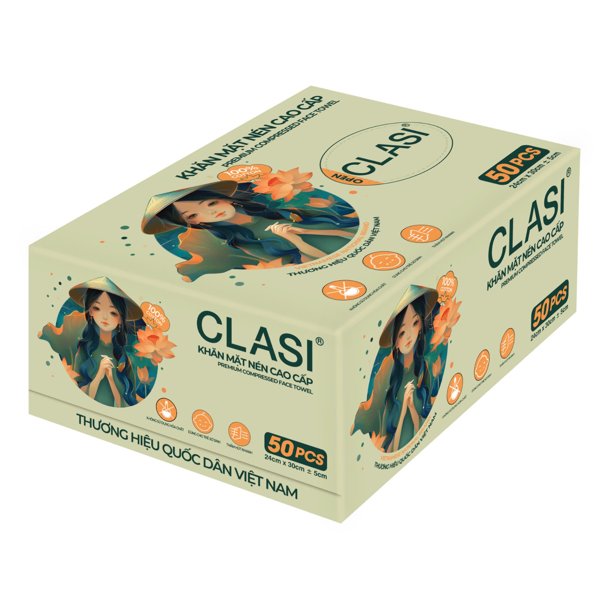 Khăn nén cao cấp CLASI 24cmx30cm, 50 cái/hộp