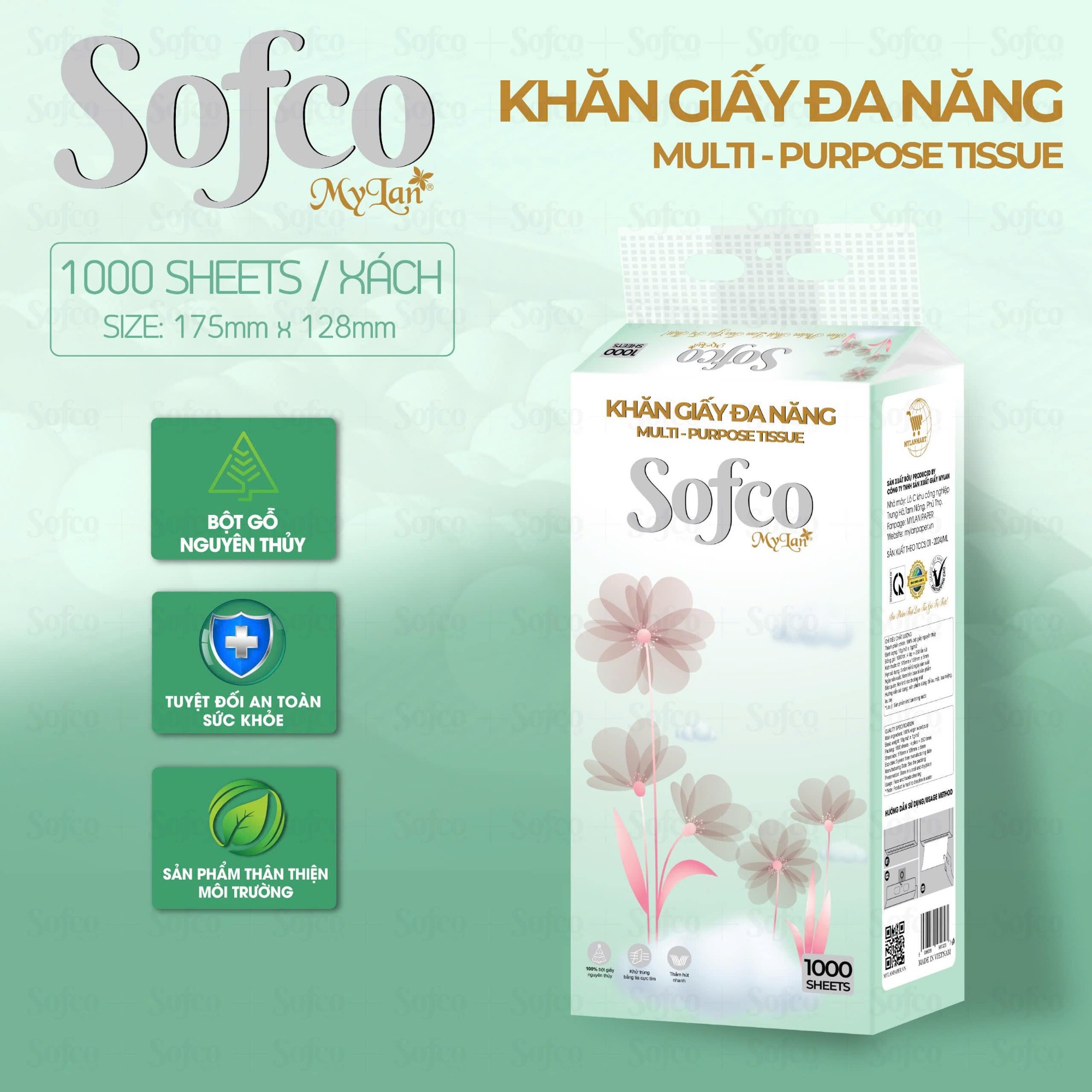 Khăn giấy đa năng Sofco 4 lớp 1000 tờ, 8 gói/thùng