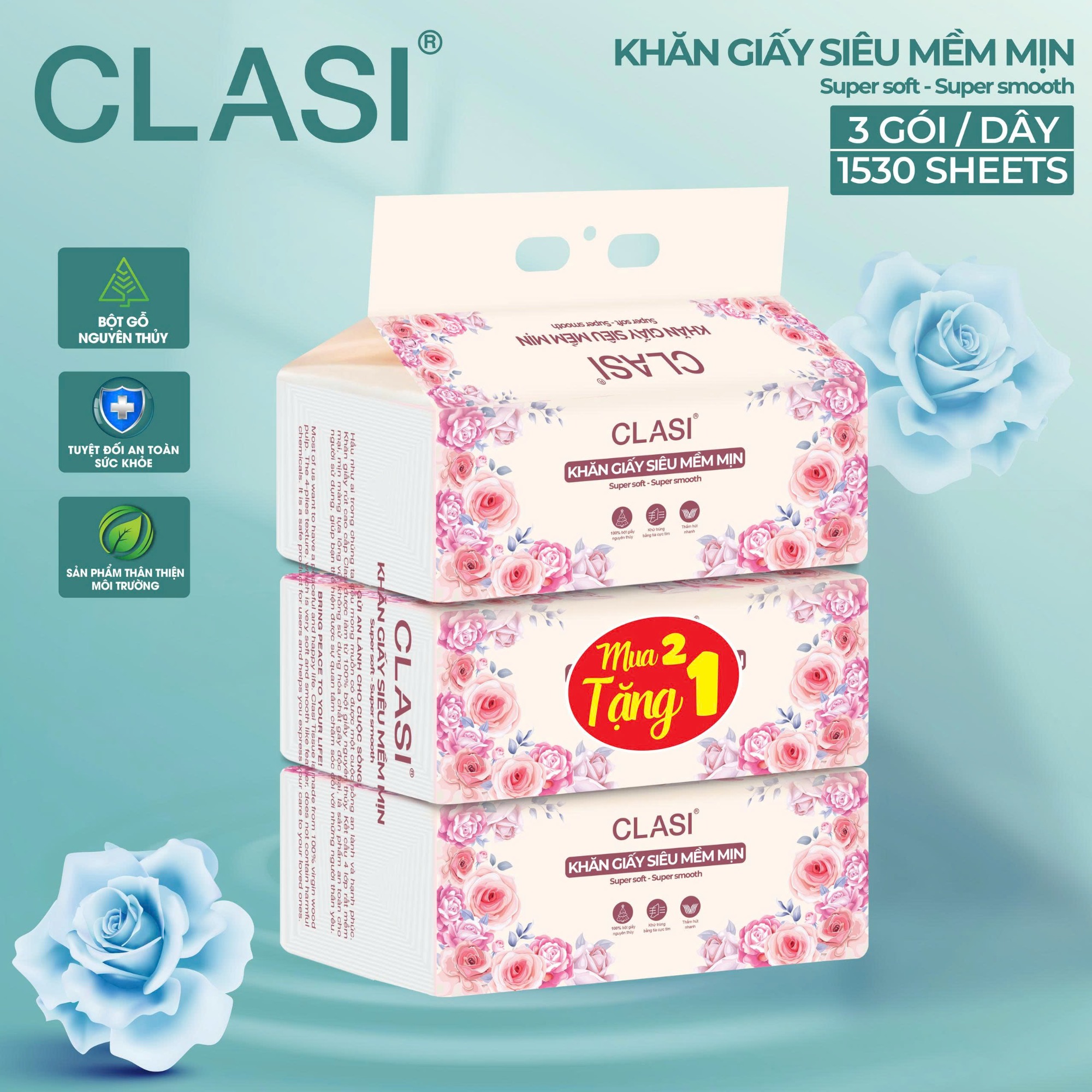 Khăn giấy siêu mềm mịn CLASI 510 tờ, 3 gói/lốc